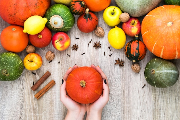 Le mani femminili tengono una zucca su un fondo di legno