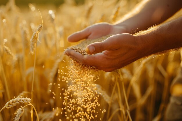Le mani laboriose di un contadino che versano il grano l'abbondanza nei campi la bontà della natura le mani di