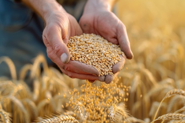 Le mani laboriose di un contadino che versano il grano l'abbondanza nei campi la bontà della natura le mani di