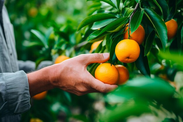 Le mani maschili raccolgono succose e gustose arance da un albero nel giardino che raccoglie in una giornata di sole generativa