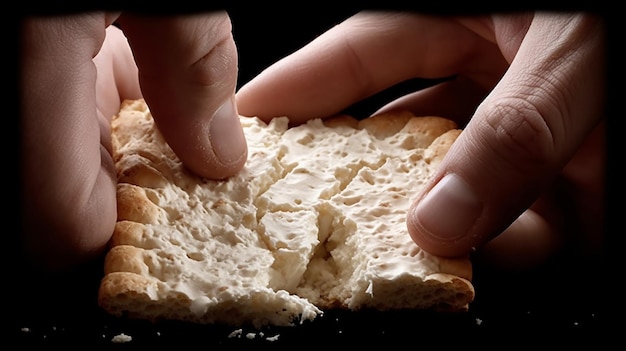 Le mani rompono i cracker alla crema rivelando la loro consistenza croccante in attesa di un morso gustoso