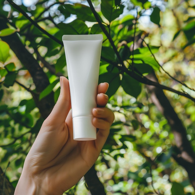 le mani stanno tenendo e mostrando un tubo cosmetico bianco vuoto su uno sfondo naturale