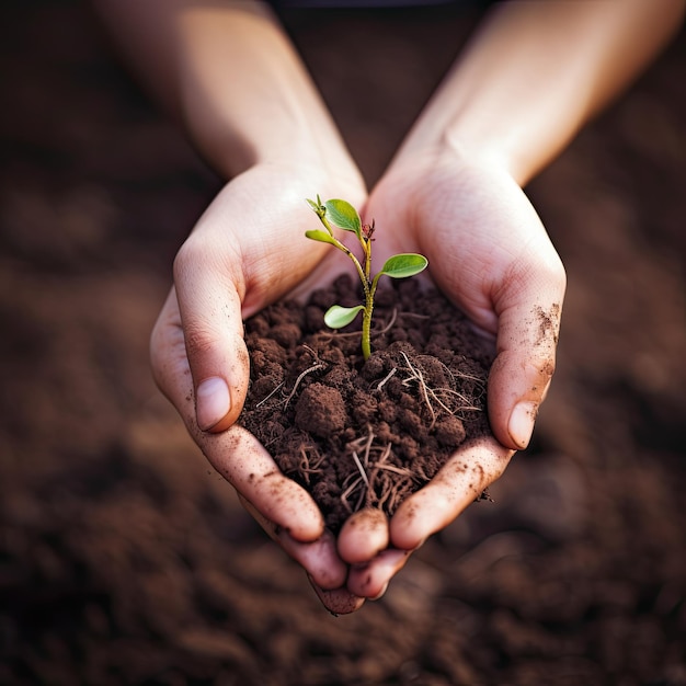 Le mani tengono il terreno da cui cresce un germoglio verde Primo piano Ecologia giornata della terra ambientale