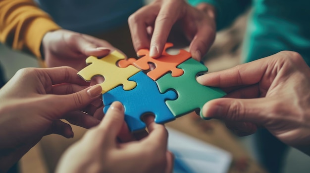 le mani uniscono i pezzi del puzzle che rappresentano la collaborazione di lavoro di squadra