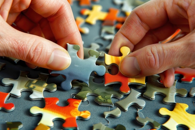 Le mani uniscono i pezzi del puzzle mettendo insieme la squadra di puzzle concetto di business
