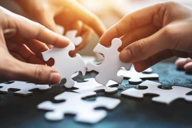 Le mani uniscono i pezzi del puzzle mettendo insieme la squadra di puzzle concetto di business
