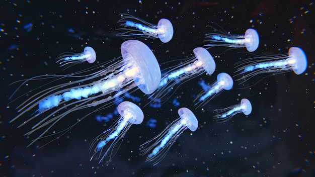 Le meduse incandescenti nuotano in profondità nel mare blu La fantasia delle meduse al neon di Medusa nel cosmo spaziale tra le stelle 3d render