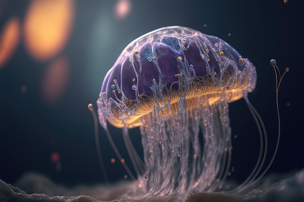 Le meduse incandescenti nuotano in profondità nel mare blu La fantasia delle meduse al neon di Medusa nell'illustrazione 3d dell'acqua del cosmo spaziale