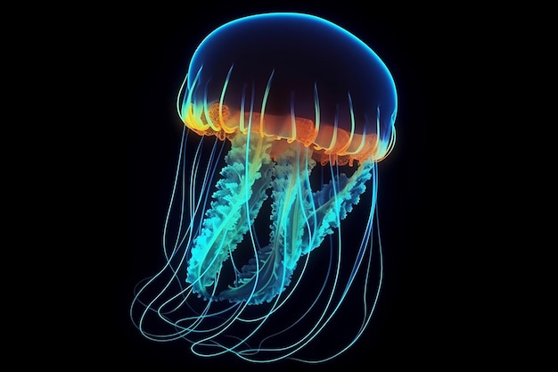 Le meduse incandescenti nuotano in profondità nell'acqua La fantasia delle meduse al neon di Medusa nelle profondità marine oscure AI generativa