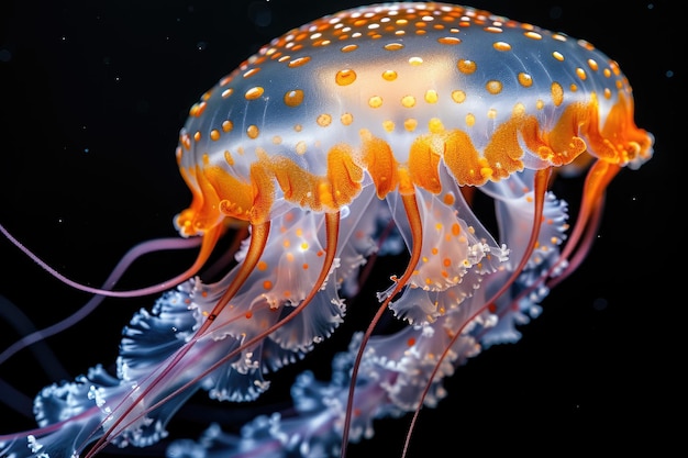 Le meduse marine brillano con la luminescenza contro la fotografia professionale del mare scuro