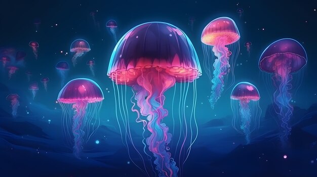 Le meduse traslucide danzano nell'oceano cyberpunk al neon creando un frattale luminoso di energia positiva