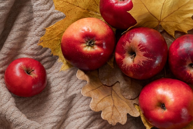 Le mele mature rosse fresche e le foglie autunnali gialle si spargono sulla superficie del tavolo