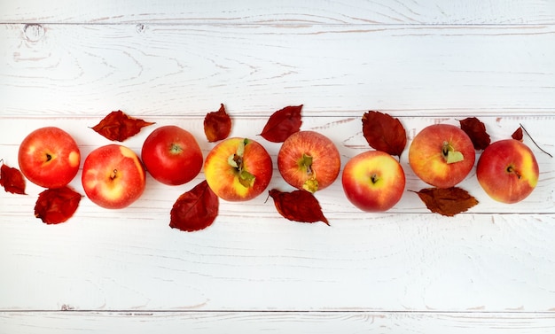 Le mele rosse mature sono disposte in fila su una superficie di legno chiaro. Frutti autunnali, raccolto.