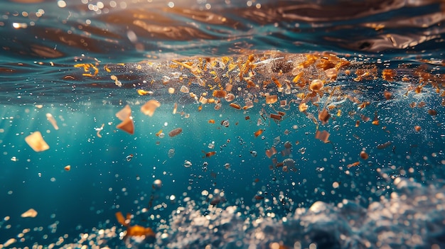 Le microplastiche galleggiano sull'acqua di mare una consapevolezza dell'inquinamento dell'acqua e salvare l'ambiente con spazio per il testo AI generativa