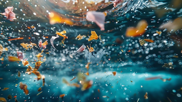 Le microplastiche galleggiano sull'acqua di mare una consapevolezza dell'inquinamento dell'acqua e salvare l'ambiente con spazio per il testo AI generativa