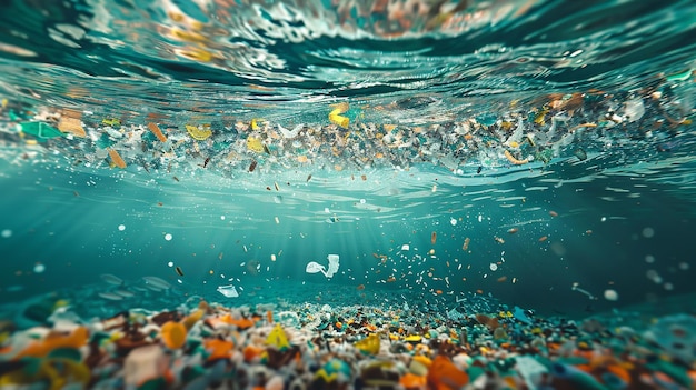 Le microplastiche galleggiano sull'acqua di mare una consapevolezza dell'inquinamento dell'acqua e salvare l'ambiente con spazio per il testo AI generativa