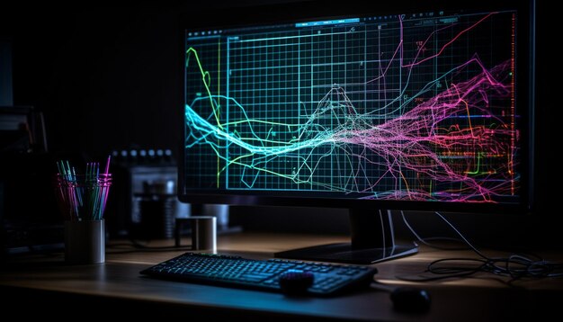 Le moderne apparecchiature informatiche illuminano l'ufficio buio per la ricerca futuristica generata dall'intelligenza artificiale