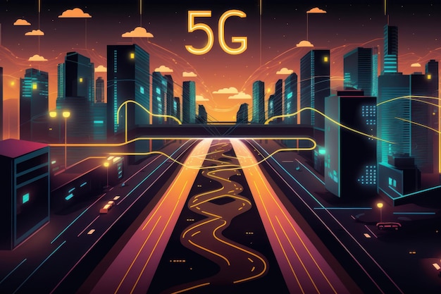 Le moderne telecomunicazioni creative e la rete Internet si connettono in una città intelligente Concetto di generazione 5G AI
