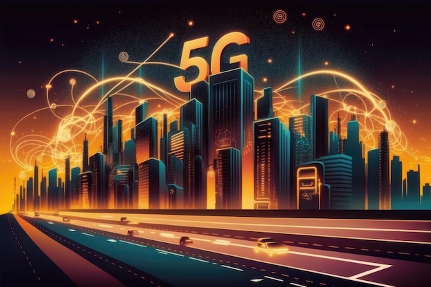 Le moderne telecomunicazioni creative e la rete Internet si connettono in una città intelligente Concetto di generazione 5G AI