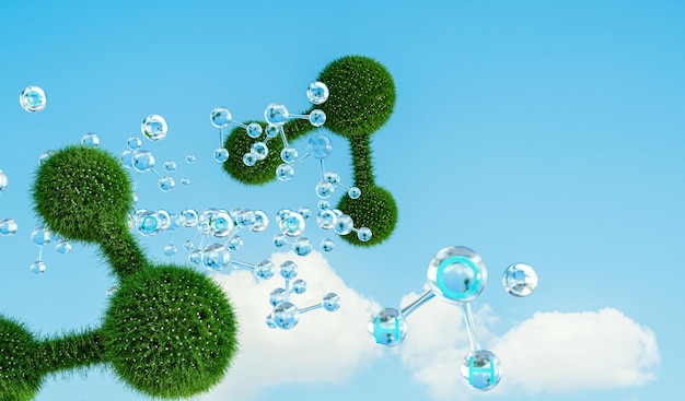 Le molecole d'acqua su sfondi celesti energia a idrogeno e concetti di energia pulita
