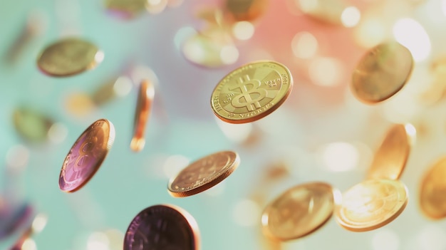 Le monete con il simbolo Bitcoin stanno cadendo con una sfocatura contro uno sfondo bokeh chiaro