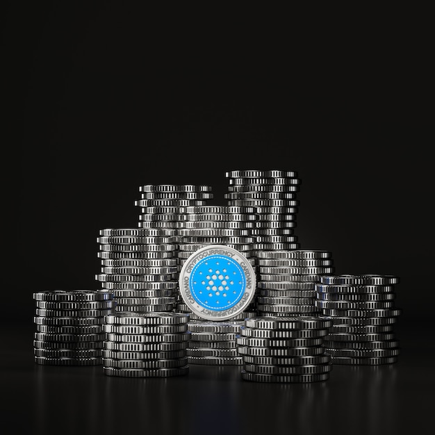 Le monete d'argento Cardano (ADA) si accumulano nella scena nera, moneta di valuta digitale per la promozione dello scambio di token e finanziaria. rendering 3d