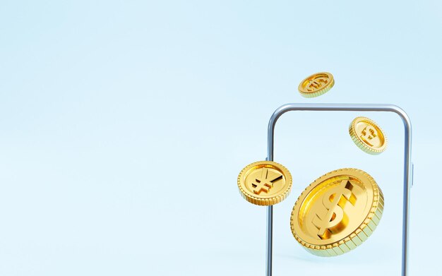 Le monete d'oro includono il dollaro Yen yuan Euro e la sterlina con telaio del telefono cellulare per il concetto di scambio di valuta di rendering 3d