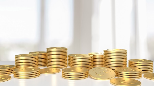 Le monete d'oro sul tavolo bianco per il risparmio o il rendering 3d del concetto di business