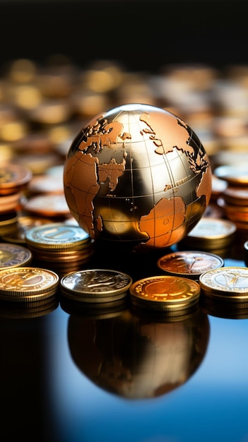 Le monete mini ball da vicino e il tavolo di legno simboleggiano lo sfondo mobile verticale della finanza globale