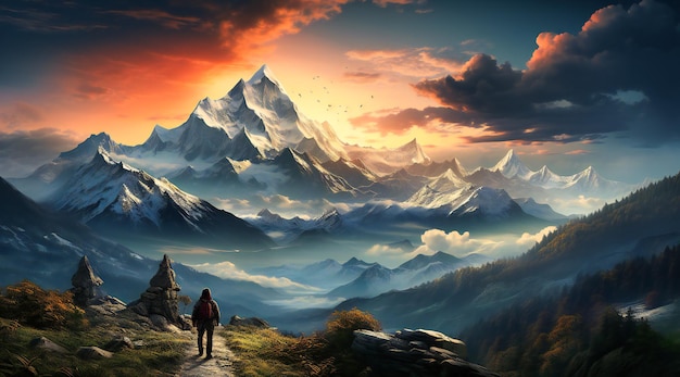 Le montagne in questa immagine sono mostrate con un uomo sul sentiero