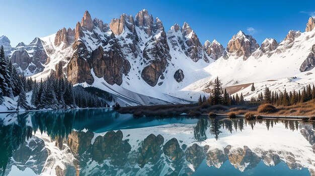 Le montagne innevate dei dolomiti si riflettono nel lago sottostante