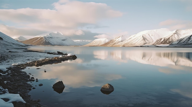 Le montagne innevate in lontananza si riflettono nell'acqua vicina generata dall'AI