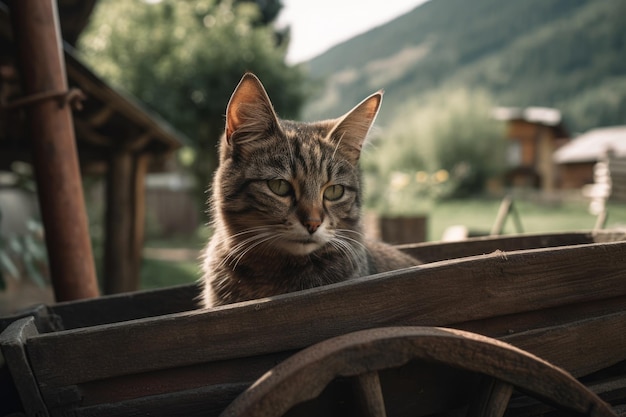 Le montagne possono essere viste sullo sfondo mentre il gatto giace su una carriola di legno