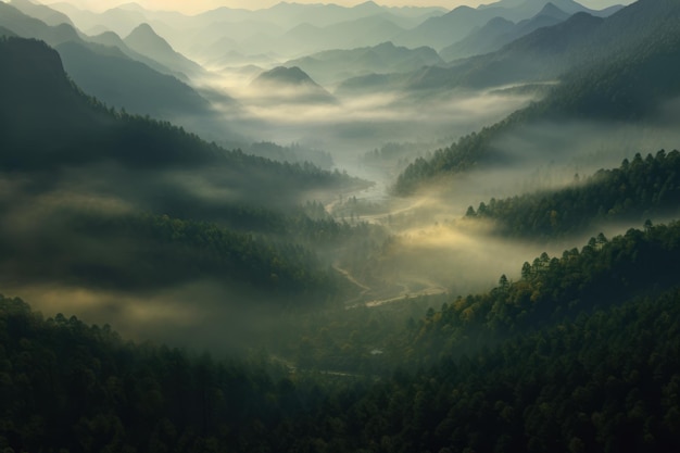 Le montagne sono coperte da uno strato di nebbia e nuvole IA generativa