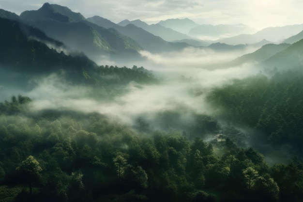 Le montagne sono coperte da uno strato di nebbia e nuvole IA generativa