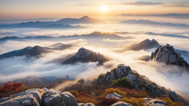 Le montagne sono coperte dalla nebbia mattutina del Parco Nazionale di Seoul, in Corea del Sud