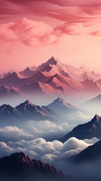 Le montagne sono ricoperte di nuvole e sfumature rosa in questa pittura digitale generativa ai