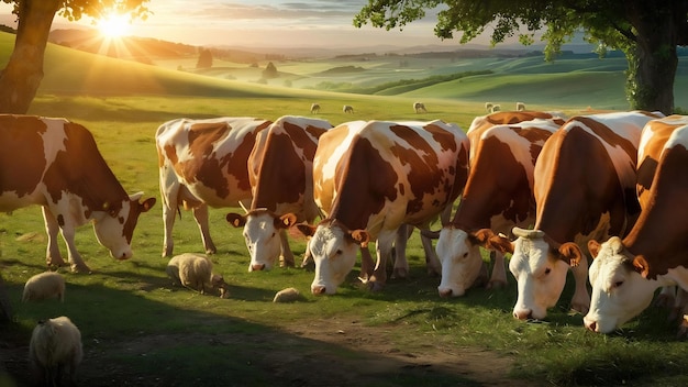 Le mucche pascolano nel cortile della fattoria al tramonto, il bestiame mangia e cammina all'aperto