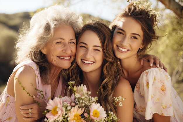Le nipoti e la nonna che si abbracciano con i fiori