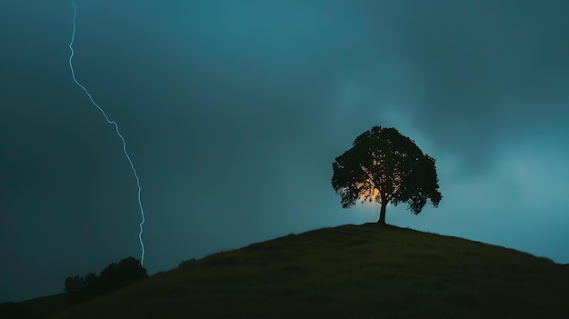 Le nubi scure si innalzano sopra di noi mentre il fulmine colpisce l'albero illuminandolo nel cielo notturno