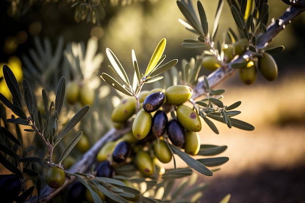 Le olive abbondano sugli alberi di oliva L'olio extra vergine di oliva è pronto per essere preparato a Landscape Harvest