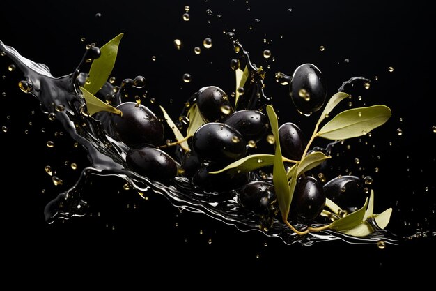 Le olive cadono in un schizzo d'acqua e le foglie di olio d'oliva AI generativa