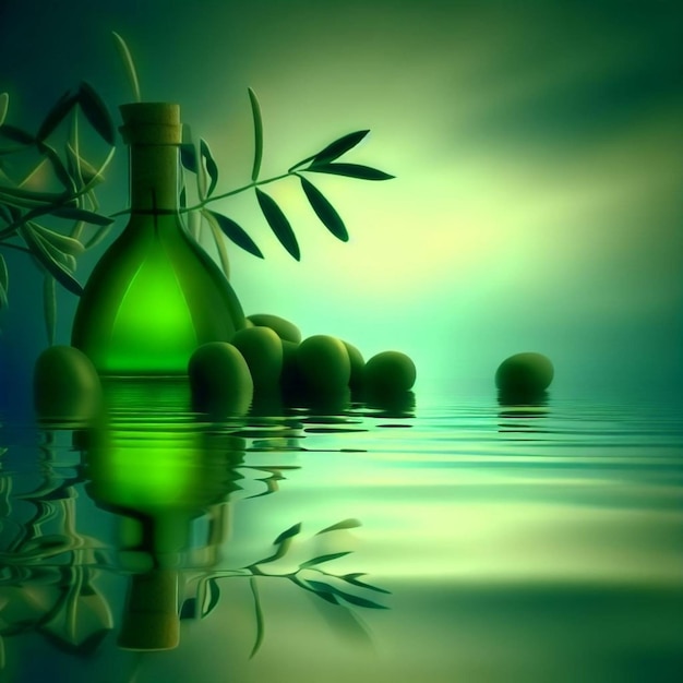 Le olive verdi e l'olio d'oliva in acque tranquille