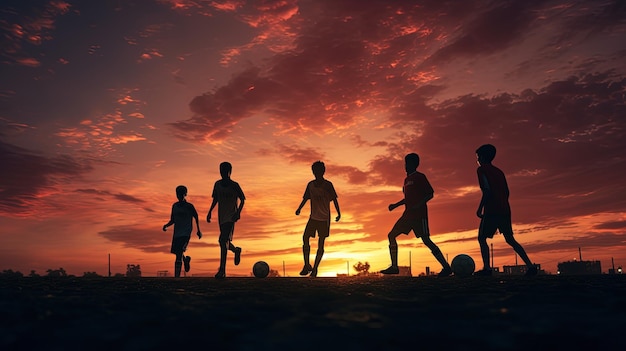 Le ombre dei giocatori di calcio sul cielo serale concetto di silhouette