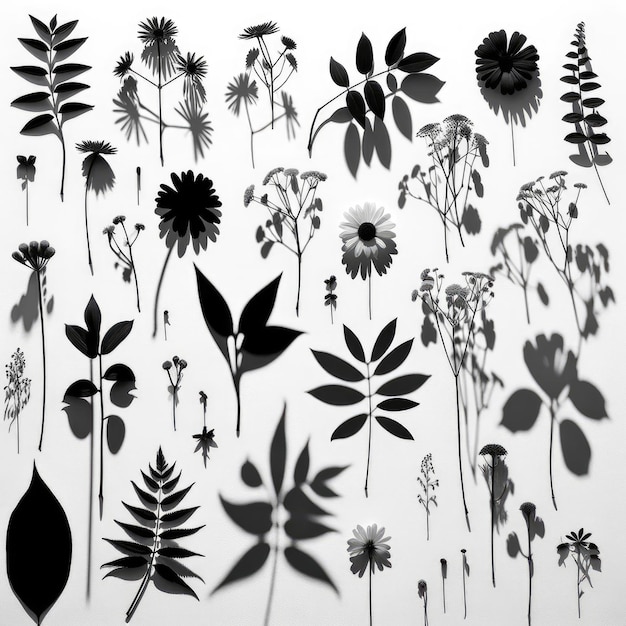 le ombre di varie piante su uno sfondo bianco puro