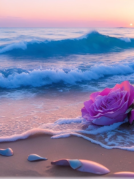 Le onde blu del mare al crepuscolo l'alba il tramonto con i fiori di rosa le conchiglie rosa il sale marino sulla sabbia