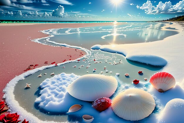 Le onde blu del mare al crepuscolo l'alba il tramonto con i fiori di rosa le conchiglie rosa il sale marino sulla spiaggia sabbiosa