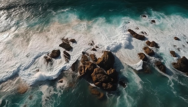 Le onde che si infrangono si infrangono contro i surfisti della costa rocciosa generati dall'intelligenza artificiale