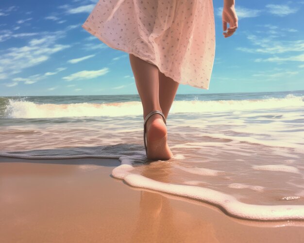 Le onde del giorno in spiaggia si infrangono sulla sabbia tra le dita dei piedi