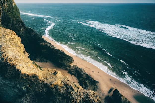 Le onde del mare lavano sulla sabbia gialla del rendering 3D della costa rocciosa